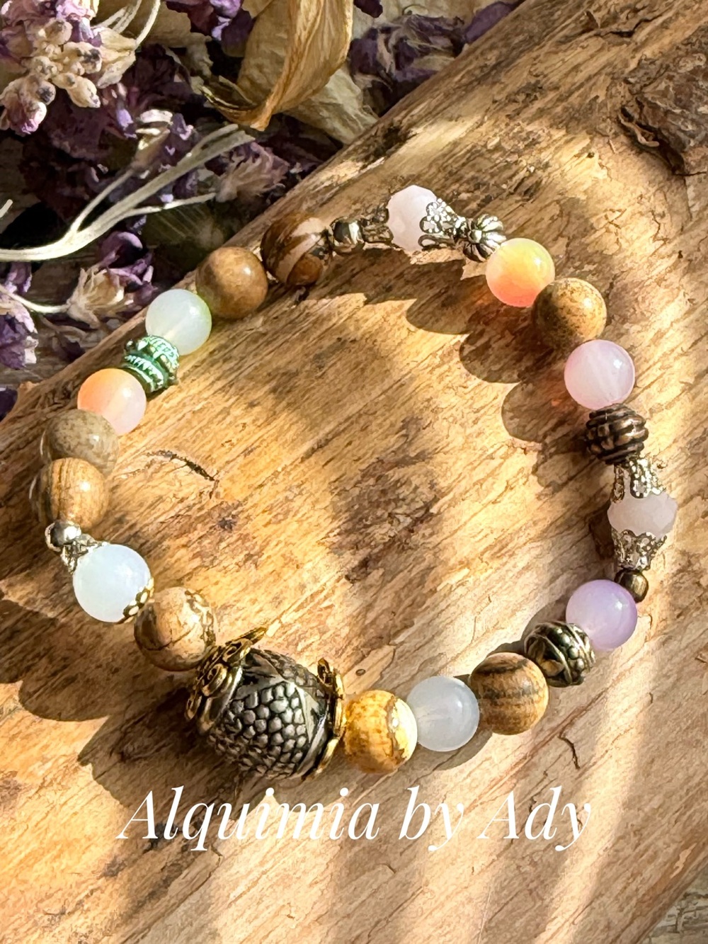 Alquimia Pastel Pink, Peach & Wood Bead Bracelet